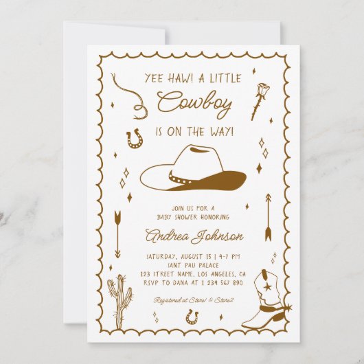 Little Cowboy Hand Drawn West Western Baby Shower Einladung (Vorderseite)