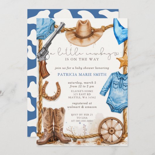 Little Cowboy Is On The Way Boy Baby Shower Einladung (Vorne/Hinten)