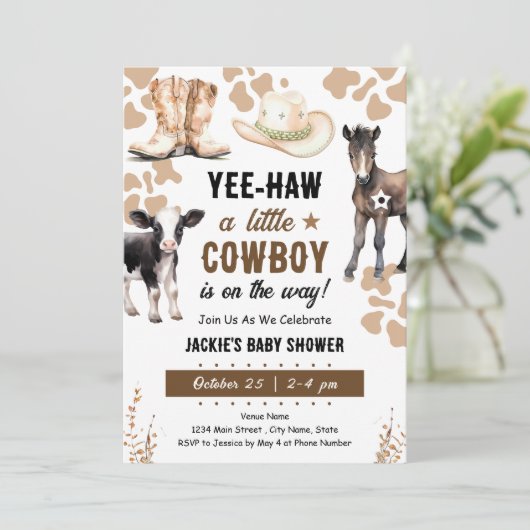 Little Cowboy Rodeo Animals Baby Dusche Einladung (Stehend Vorderseite)