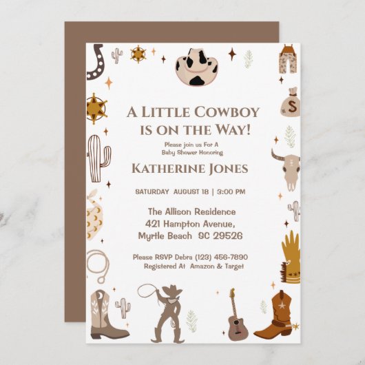  Little Cowboy Rustic Western Baby Shower  Einladung (Vorne/Hinten)