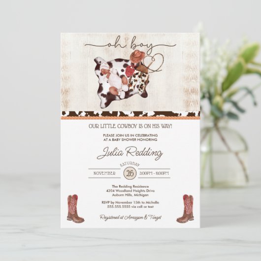 Little Cowboy Rustic Western Boy Baby Dusche Einladung (Stehend Vorderseite)