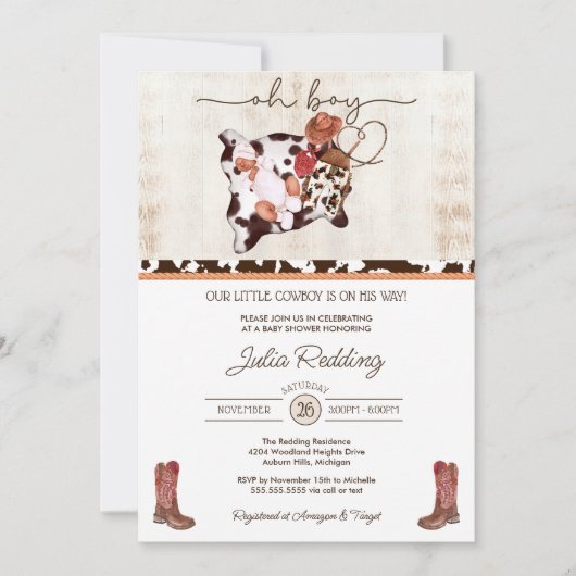 Little Cowboy Rustikaler Western V2 Babydusche Einladung (Vorderseite)