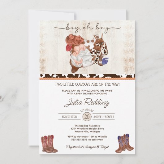 Little Cowboy Twin Boys Western Babydusche Einladung (Vorderseite)