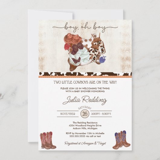 Little Cowboy Twin Boys Western V3 Baby Shower Inv Einladung (Vorderseite)