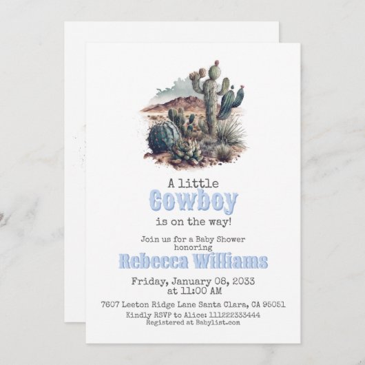 Little Cowboy Western Blue Boy Baby Dusche Einladung (Vorne/Hinten)