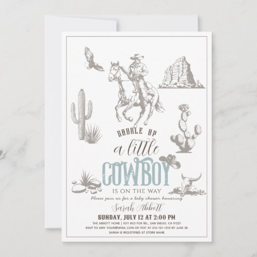Little Cowboy Western Blue Boy Baby Dusche Einladung (Vorderseite)