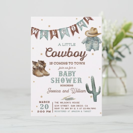 Little Cowboy Wild West Boy Kinderdusche Einladung (Stehend Vorderseite)