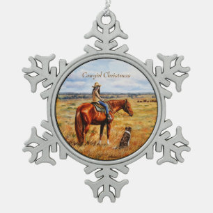 Little Cowgirl on Cattle Horse Schneeflocken Zinn-Ornament