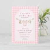 Little Cowgirl Pink Clothesline Plaid Baby Shower Einladung (Stehend Vorderseite)