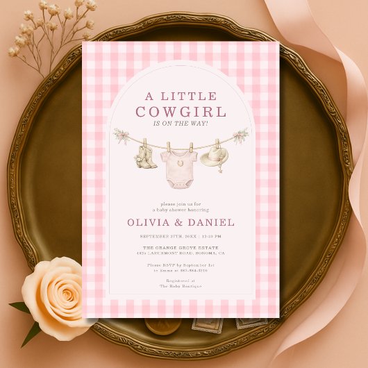 Little Cowgirl Pink Clothesline Plaid Baby Shower Einladung