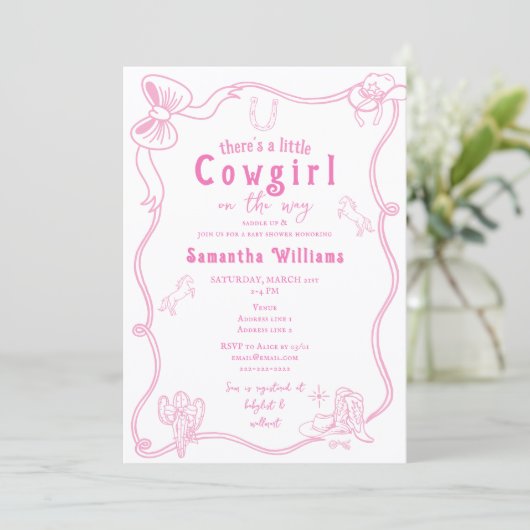 Little Cowgirl Pink Girl Baby Shower Einladung (Stehend Vorderseite)