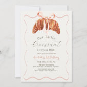 Little Croissant Pink Bow Ribbon Girl 1st Birthday Einladung (Vorderseite)