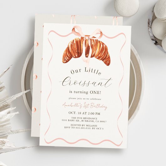 Little Croissant Pink Bow Ribbon Girl 1st Birthday Einladung
