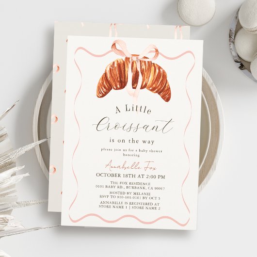 Little Croissant Pink Bow Ribbon Girl Baby Shower Einladung