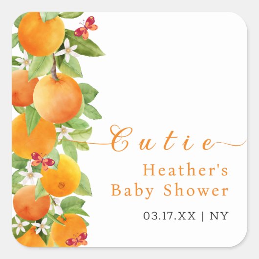 Little Cutie Citrus Orange Clementine Baby Shower Quadratischer Aufkleber (Vorderseite)