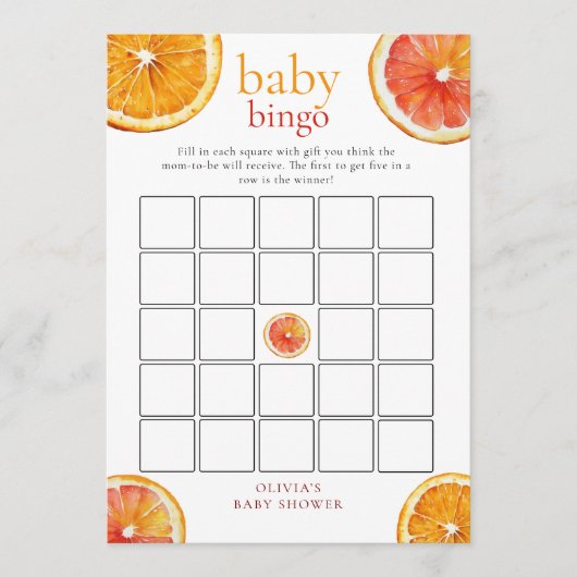 Little Cutie Orange Bingo Baby Shower Game Card Einladung (Vorderseite)