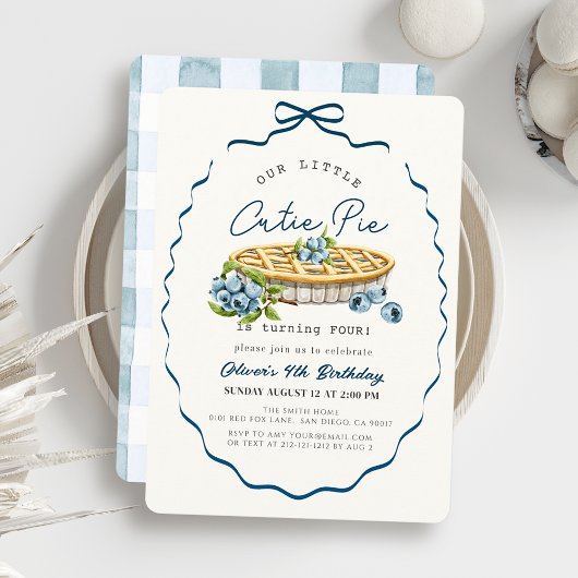 Little Cutie Pie Blueberry Blue Bow Birthday Einladung