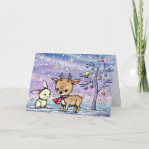 Little Deer and Bunny in the Snow Holiday Card Karte