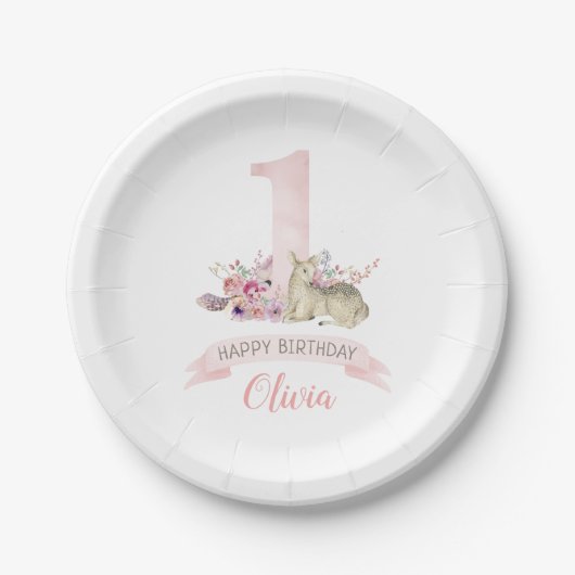 Little Deer First Birthday Party Personalisiert Pappteller (Vorderseite)