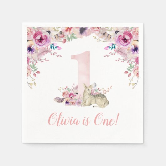 Little Deer First Birthday Party Personalisiert Serviette (Vorderseite)