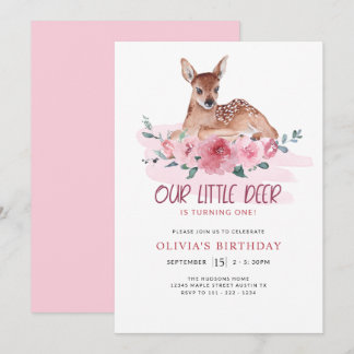 Little Deer Floral Pink erste Geburtstagsparty Einladung