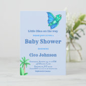 Little Dino auf der Way Blue Boy Baby Dusche Einladung (Stehend Vorderseite)