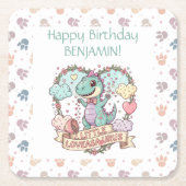 Little Dino Birthday Personalized Rechteckiger Pappuntersetzer (Vorderseite)