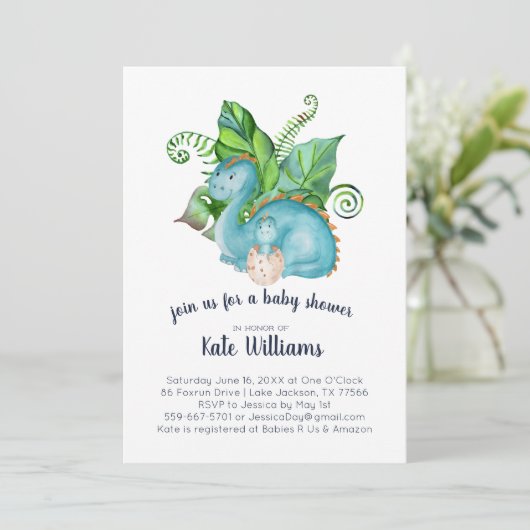 Little Dinosaur Baby Dusche Einladung (Stehend Vorderseite)