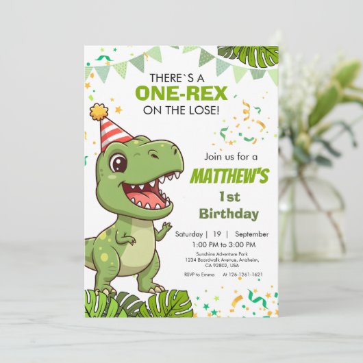 Little Dinosaur Roar Erste Party Einladung (Stehend Vorderseite)