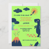 Little Dinosaur Vulkan Green Blue 1. Geburtstag Einladung (Vorderseite)