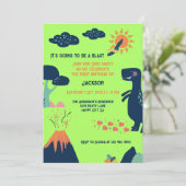 Little Dinosaur Vulkan Green Blue 1. Geburtstag Einladung (Stehend Vorderseite)