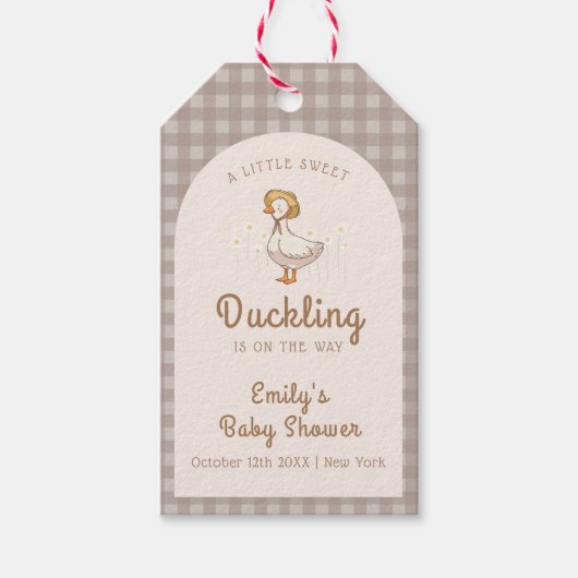 Little Duckling Farmhouse Gingham Baby Shower Geschenkanhänger (Vorderseite)