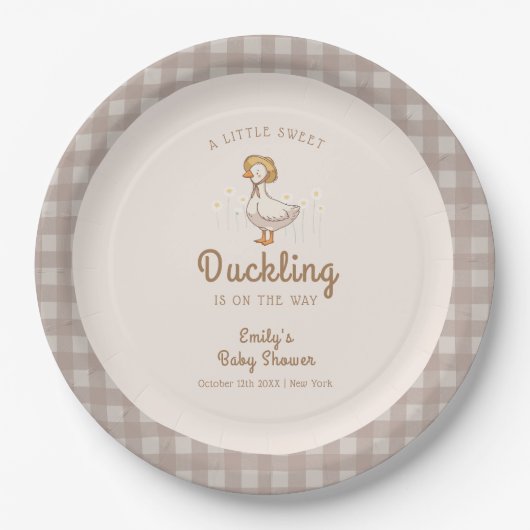 Little Duckling Farmhouse Gingham Baby Shower Pappteller (Vorderseite)