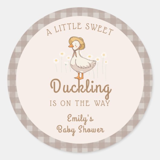 Little Duckling Farmhouse Gingham Baby Shower Runder Aufkleber (Vorderseite)