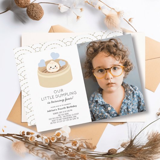 Little Dumpling Blue Boy Birthday Foto Einladung