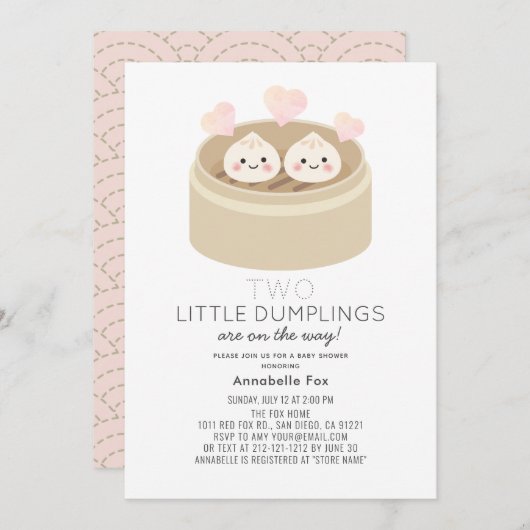 Little Dumpling Girl Twins Baby Dusche Einladung (Vorne/Hinten)
