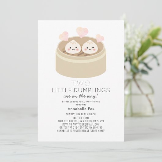 Little Dumpling Twins Kinderdusche Einladung (Stehend Vorderseite)