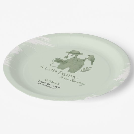 Little Explorer Is On The Way Baby Shower Pappteller (Schrägansicht)