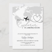 Little Explorer landet bald graue Babydusche Einladung (Vorderseite)