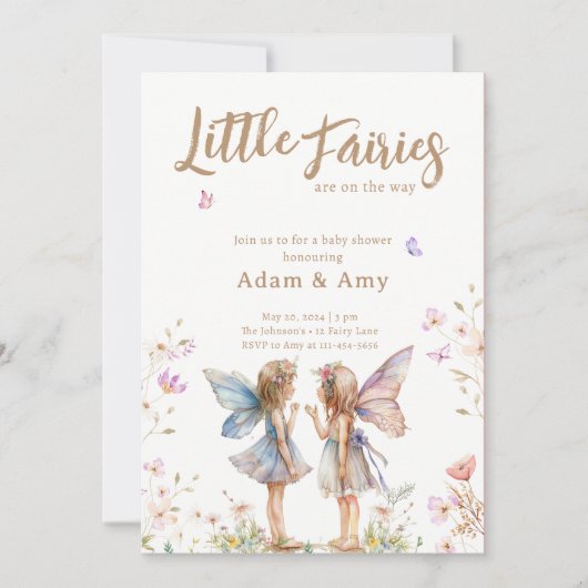 Little Fairies Twin Girl Baby Shower Einladung (Vorderseite)
