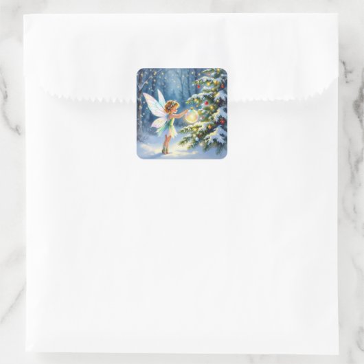 Little Fairy Decorating Christmas Trees Quadratischer Aufkleber (Tasche)