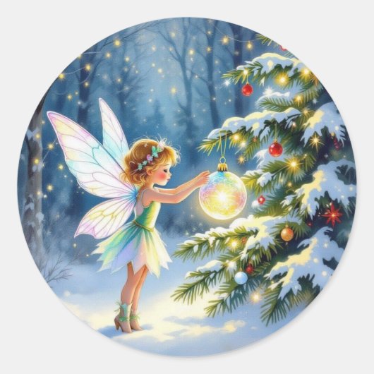Little Fairy Decorating Christmas Trees Runder Aufkleber (Vorderseite)
