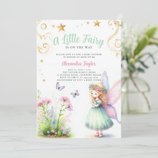 Little Fairy Enchanted Garden Baby Girl Dusche Einladung (Stehend Vorderseite)
