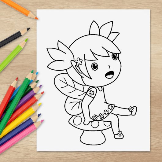 Little Fairy on a Toadstool - Farbseite Gummistempel