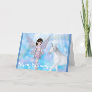 Little Fairy w Unicorn Happy Birthday Card Karte