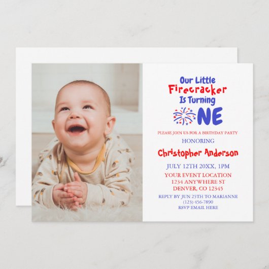 Little Firecracker 1. Geburtstag Einladung (Vorne/Hinten)