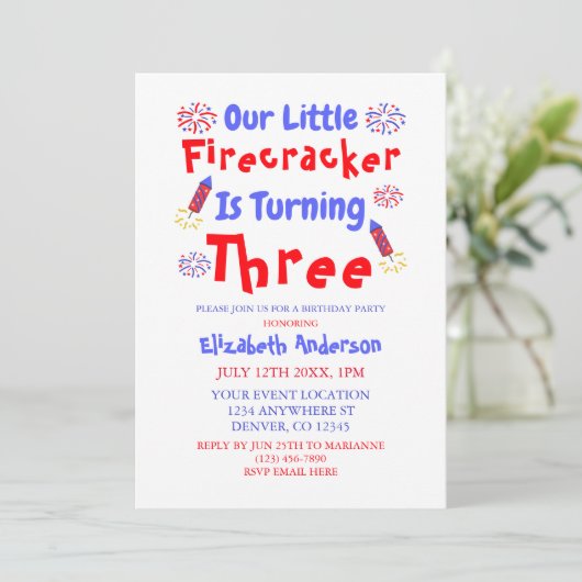 Little Firecracker 3. Geburtstag Einladung (Stehend Vorderseite)