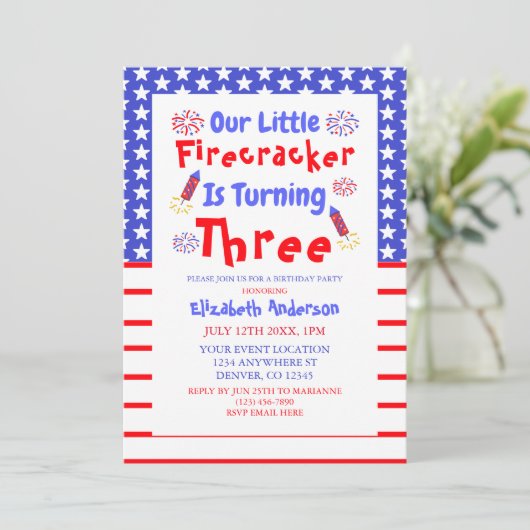 Little Firecracker 3. Geburtstag Einladung (Stehend Vorderseite)