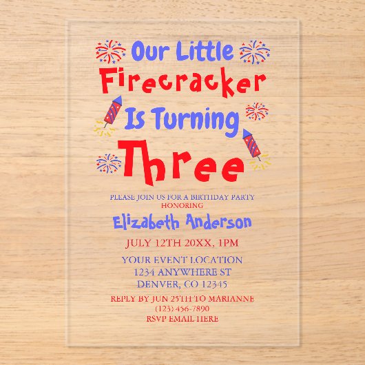 Little Firecracker 3rd Birthday Acryleinladungen (Vorderseite)