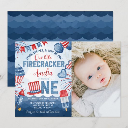 Little Firecracker 4. Juli 1. Geburtstag Party Einladung (Vorne/Hinten)